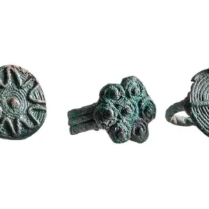 Exceptional Ancient Bactrian bronze rings set of three from the 2nd century B.C., authentic hand-cast bronze artifacts with natural patina