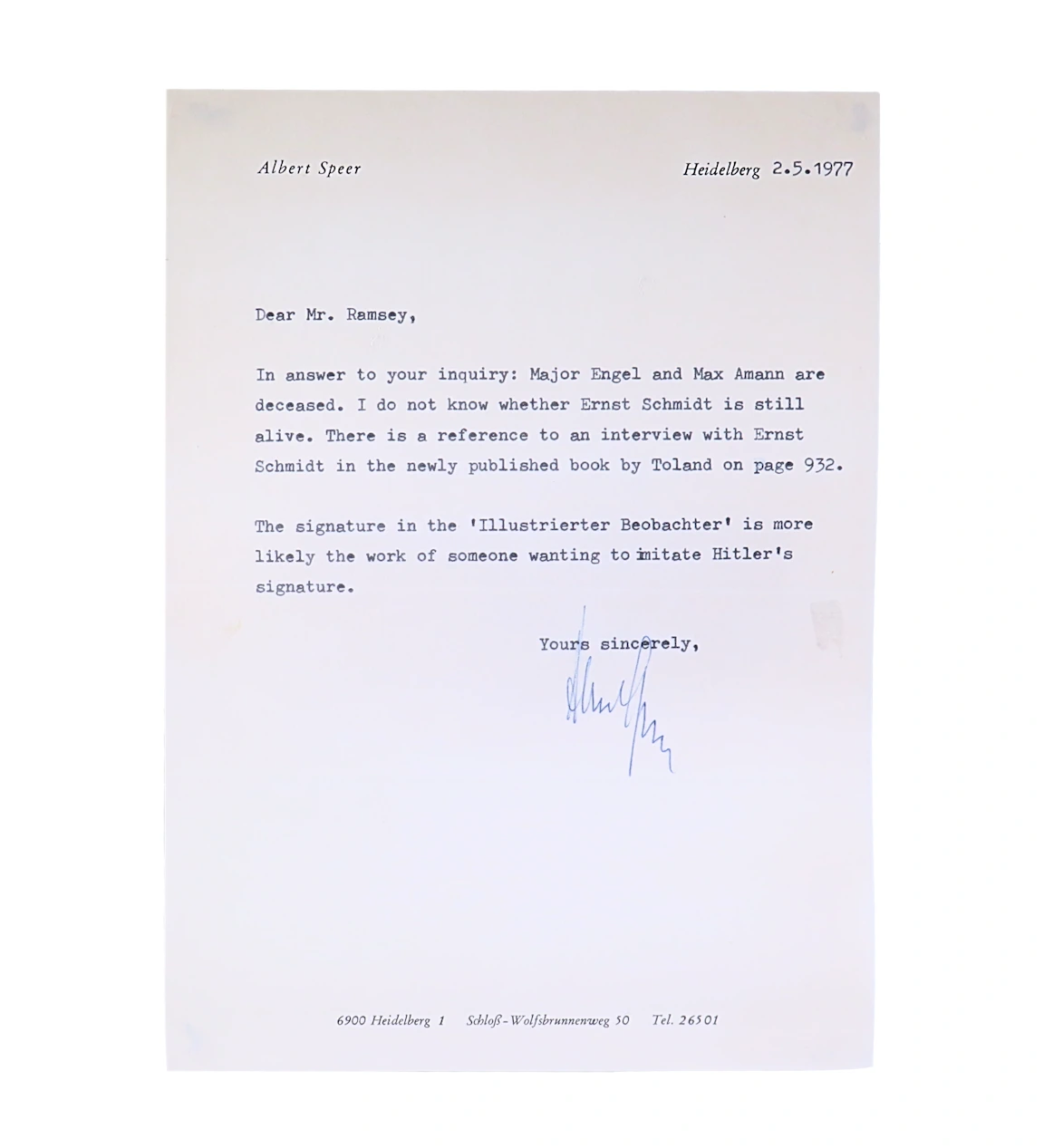 Albert Speer Signed Personal Letter
