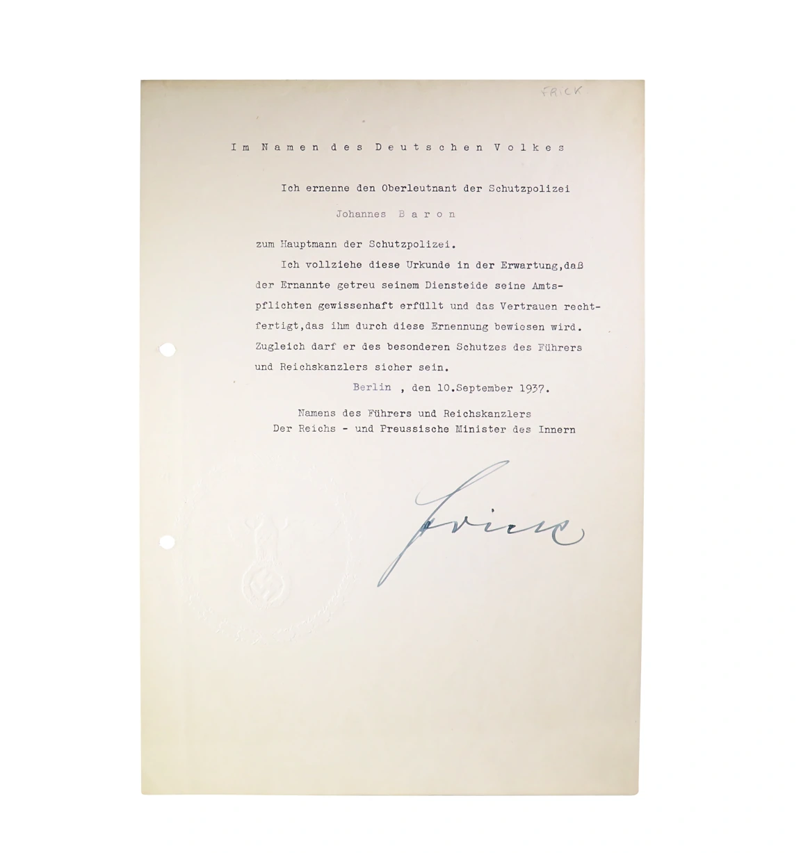 1937 Wilhelm Frick Signed Promotion Document