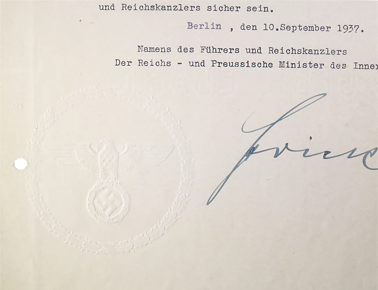 1937 Wilhelm Frick Signed Promotion Document - Image 3